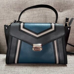 Michael Kors Whitney Large Tri-Color Genuine Leather Black/Blue/Grey Satchel Bag